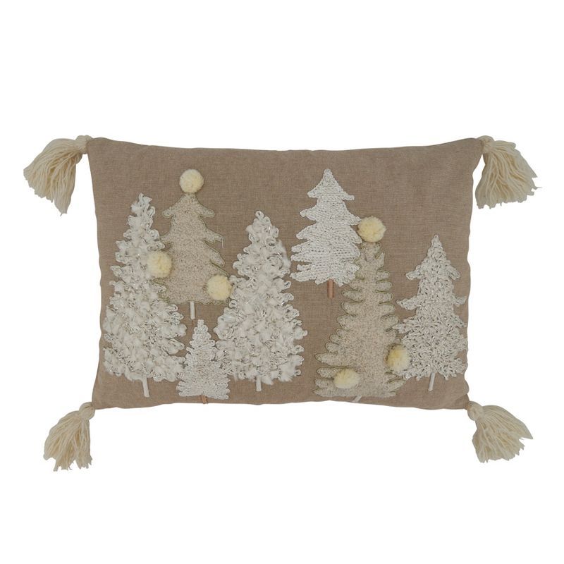 Natural Cotton Embroidered Trees Decorative Pillow Cover 14"x20"