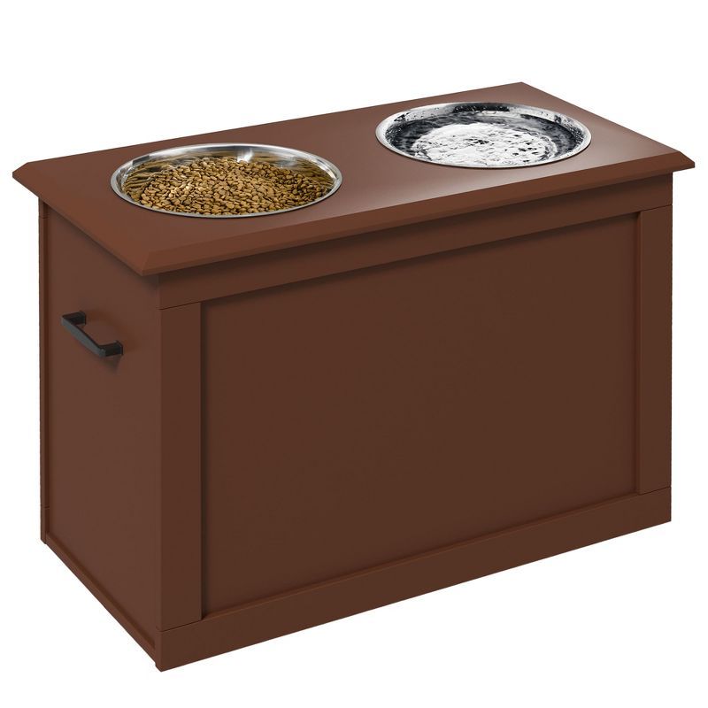 Brown Elevated Dog Feeder with Stainless Steel Bowls and Storage