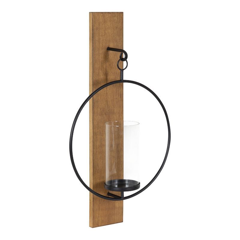 Rustic Brown Wood and Metal Wall Sconce with Glass Cylinder