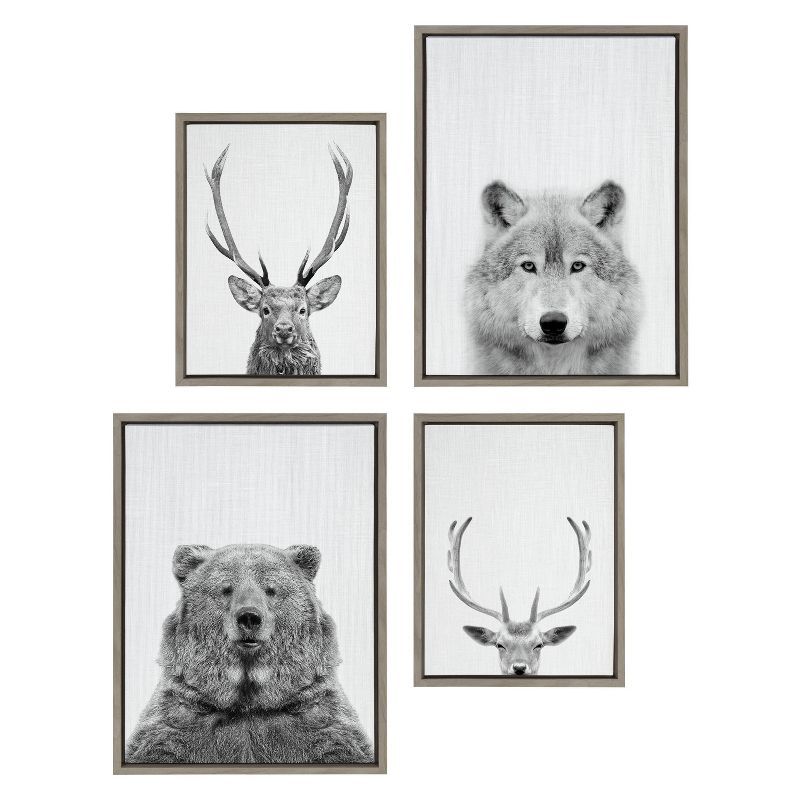 Gray Framed Black and White Wildlife Canvas Wall Art Set