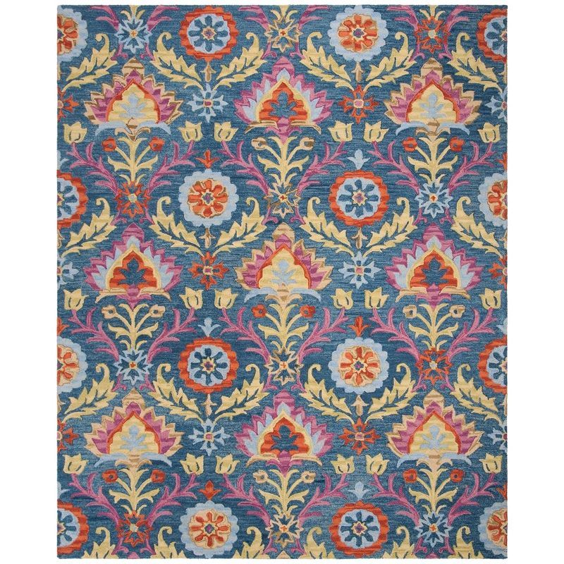 Handmade Blue Floral Wool 8' x 10' Area Rug