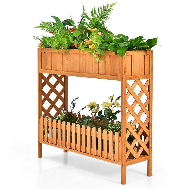 Natural Fir Wood 2-Tier Raised Garden Bed Planter Box