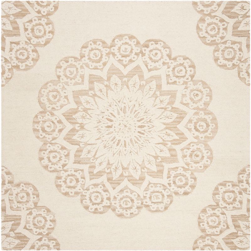 Ivory Floral Handmade Wool Square Area Rug