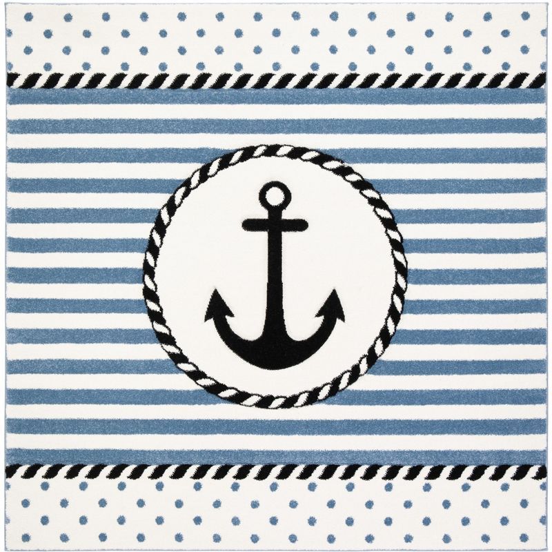 Ivory and Navy Striped Anchor Kids Area Rug, 4' x 4'