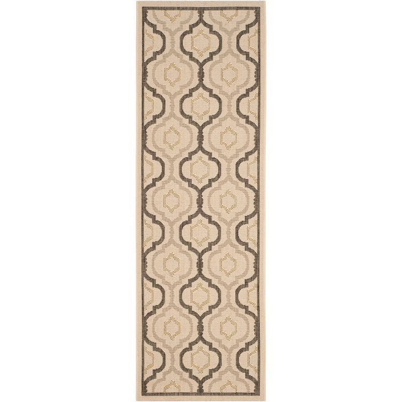 Elegant Beige & Black Synthetic Reversible Indoor/Outdoor Runner Rug