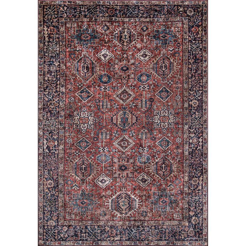 6' x 9' Rust and Blue Synthetic Traditional Area Rug