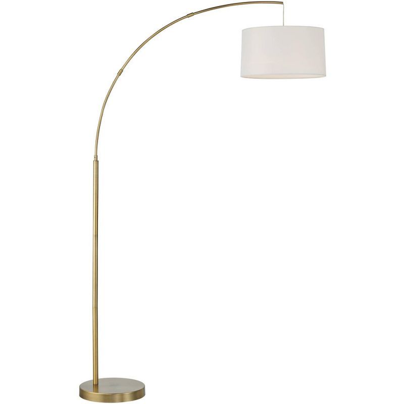 Elegant Brass Finish Arc Floor Lamp with White Linen Shade and USB Port