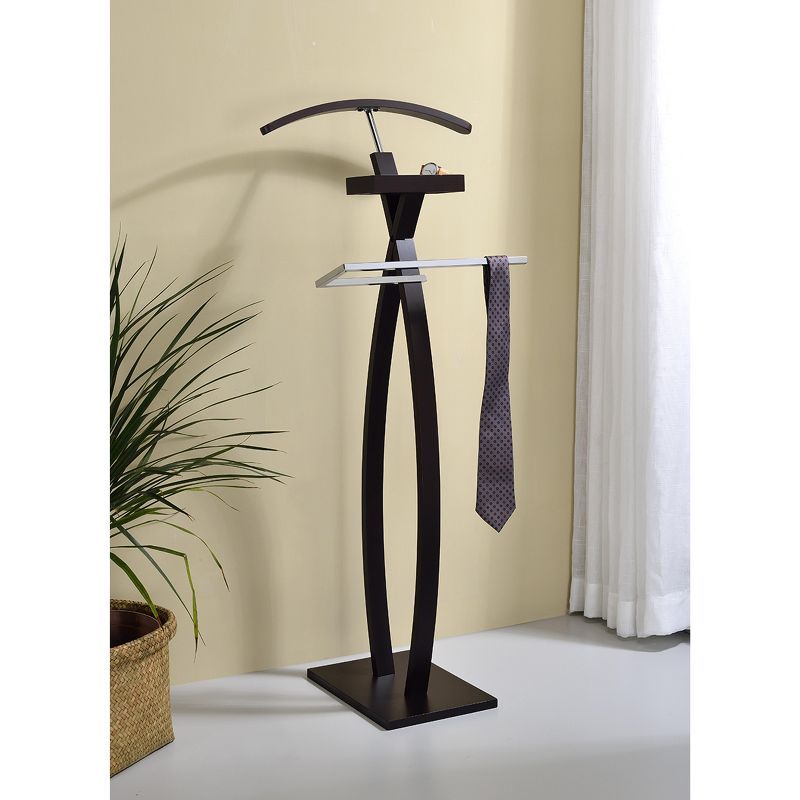 Curved Walnut and Chrome Valet Stand with Hanger and Tie Rack