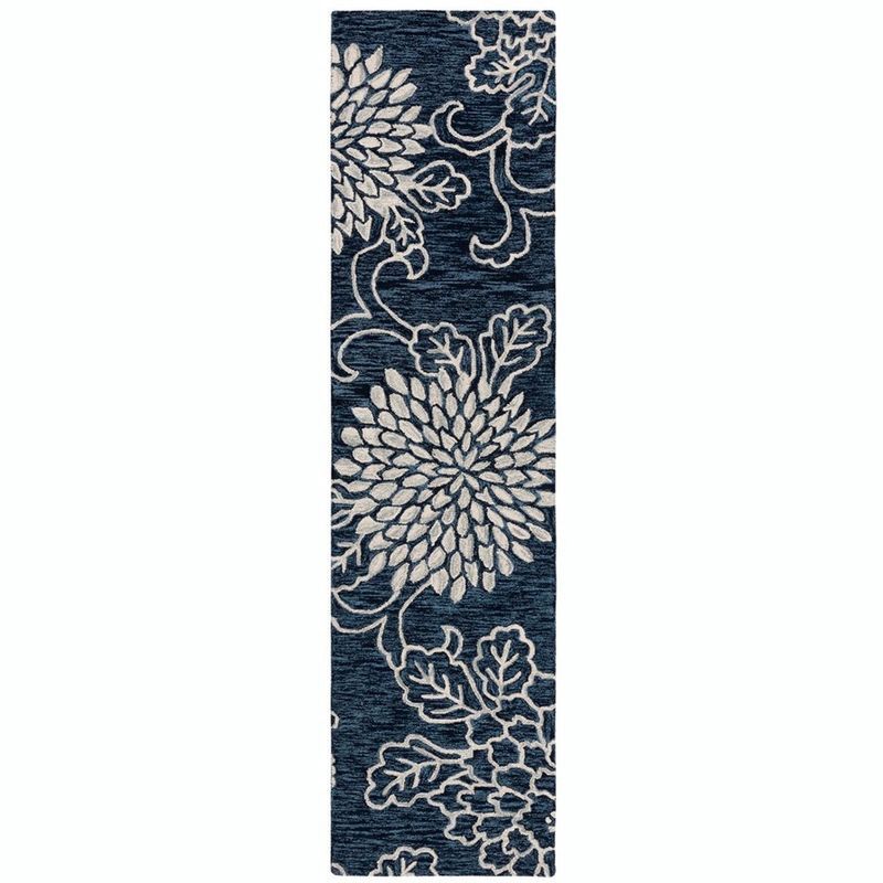 Navy and Ivory Floral Hand-Tufted Wool Runner Rug