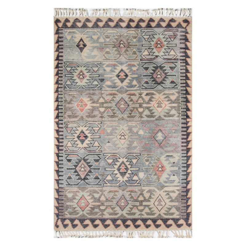 Boho Chic Blue Geometric Hand-Knotted Wool Area Rug 2' x 3'