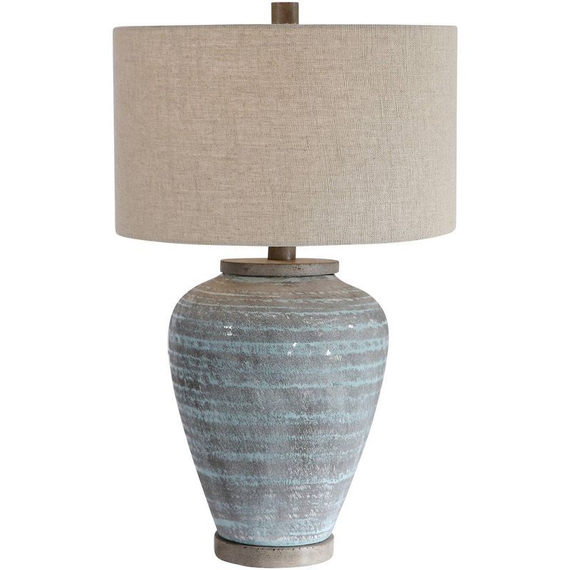 Light Aqua Blue and Gray Ceramic Table Lamp with Drum Shade