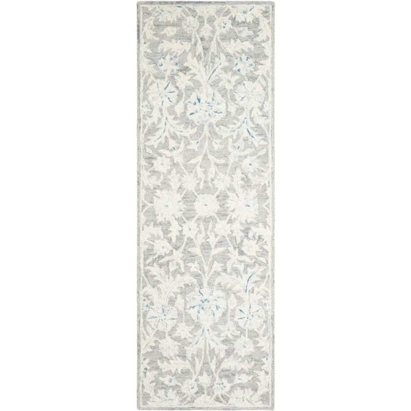 Grey and Ivory Floral Hand-Tufted Wool Runner Rug