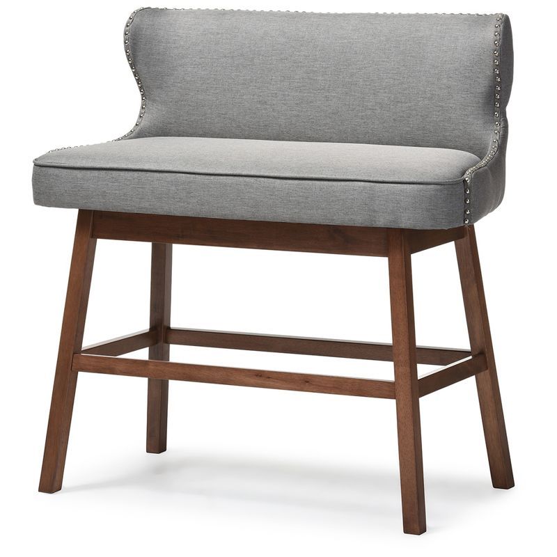 Gray Fabric Button-Tufted Bar Bench with Walnut Legs