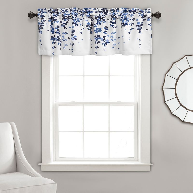 Navy and White Floral Polyester Rod Pocket Valance