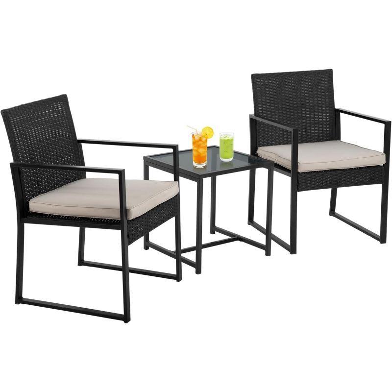 Khaki Rattan and Steel Outdoor Bistro Set with Cushions