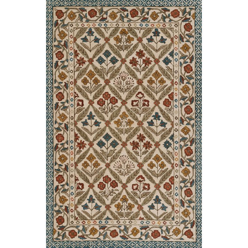 Handmade Beige and Blue Wool Floral 5' x 7' Area Rug
