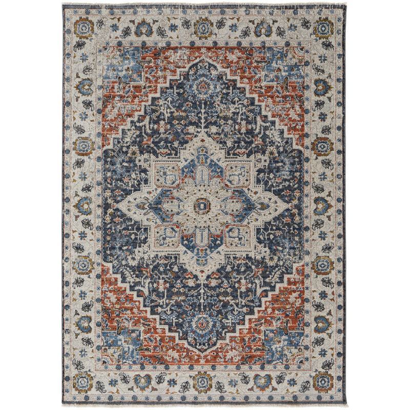 Kaia Ivory Blue Red Medallion Rectangular Area Rug