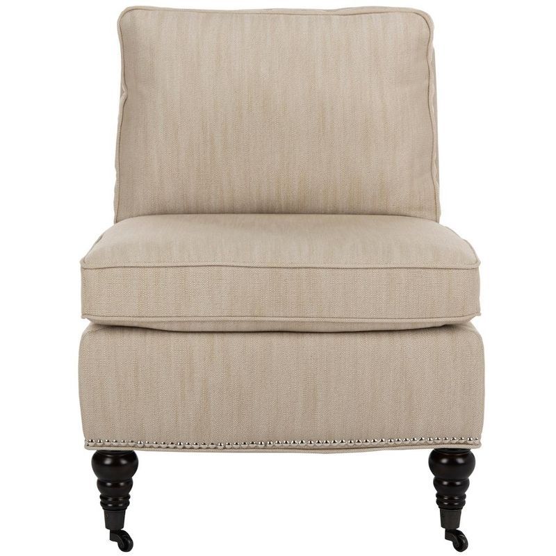 Beige Linen Slipper Chair with Spindle Wood Legs