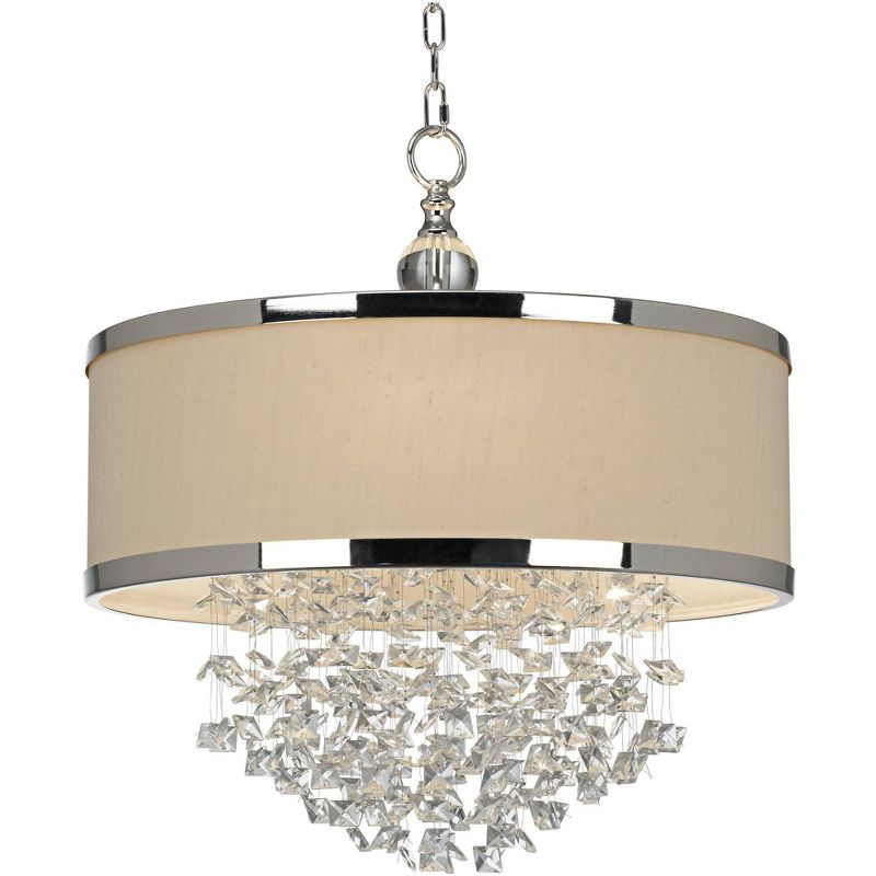 Silver Crystal 22" Drum Pendant Chandelier with Antique White Shade