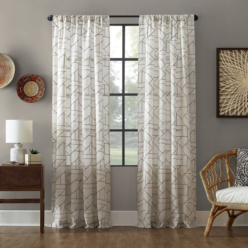 Gray Linen Blend Geometric Embroidered Light-Filtering Curtain Panel