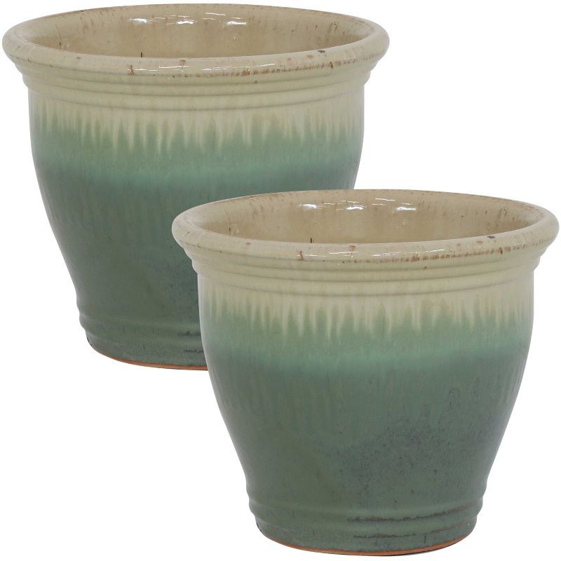 Seafoam High-Fired Glazed Ceramic Planter Duo with Drainage, 11-Inch