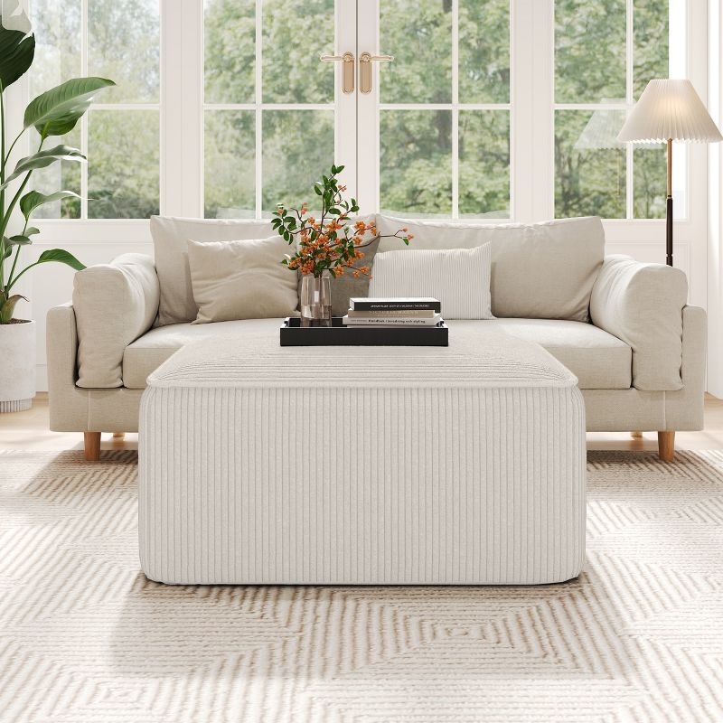 Beige Corduroy Upholstered Square Ottoman with Plywood Frame