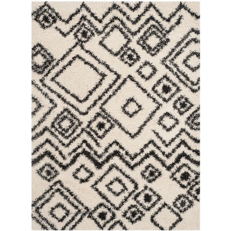 Ivory and Charcoal Geometric Shag 5' x 7' Area Rug