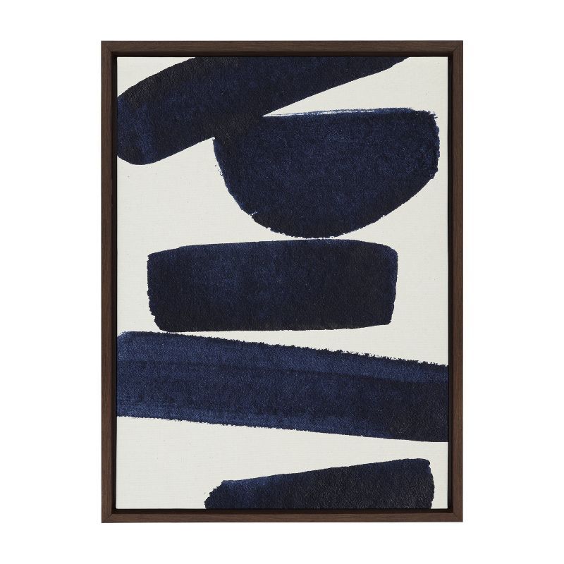 Japandi Abstract Blue and White Canvas Print with Walnut Frame