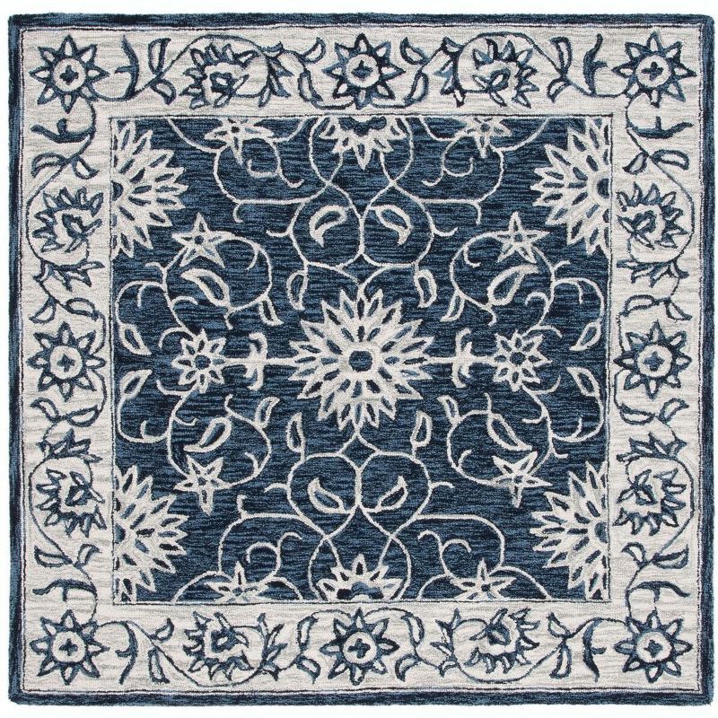 Ivory and Navy Floral Tufted Wool Square Rug, 6' x 6'