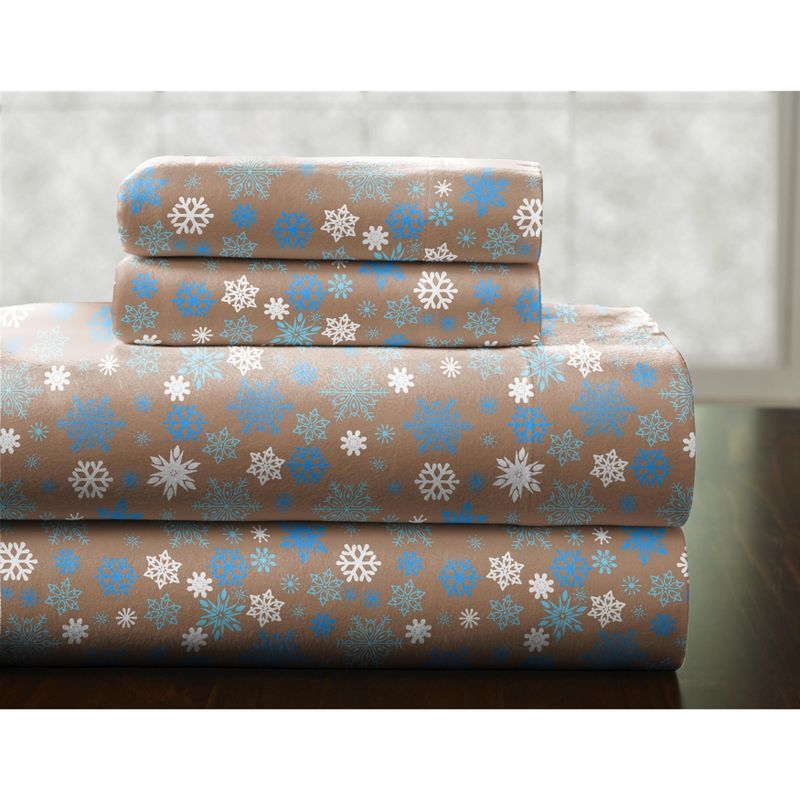 Queen Blue and Tan Cotton Flannel Sheet Set