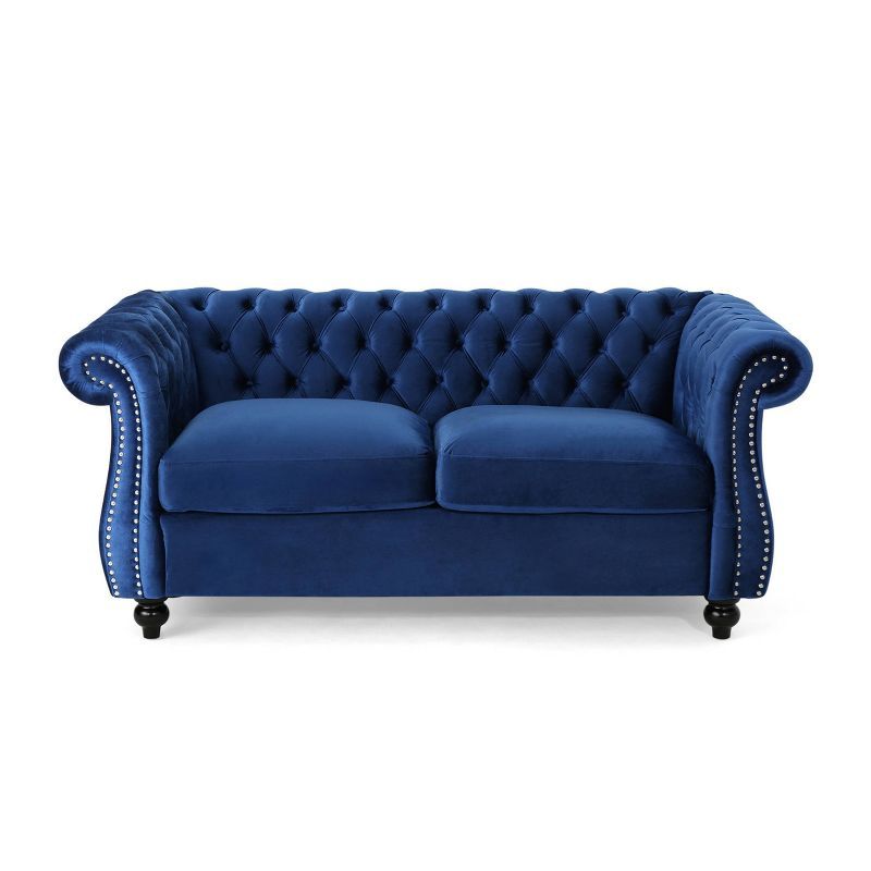 Navy Blue Velvet Tufted Chesterfield Loveseat with Nailhead Trim