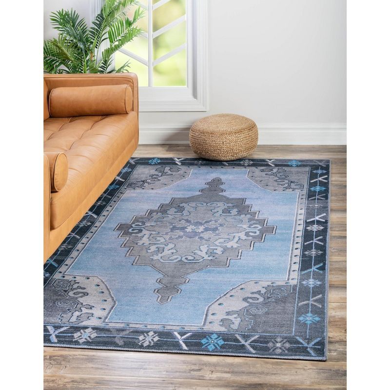 Blue Gray Rectangular Stain-Resistant Chenille Rug