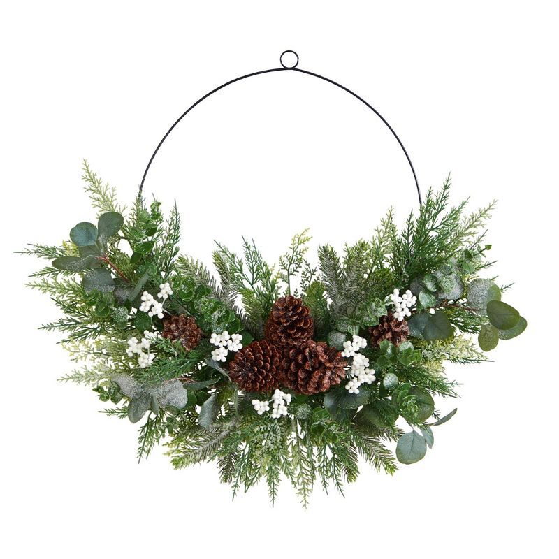 28" Christmas Pine and Eucalyptus Half Wreath with Pine Cones