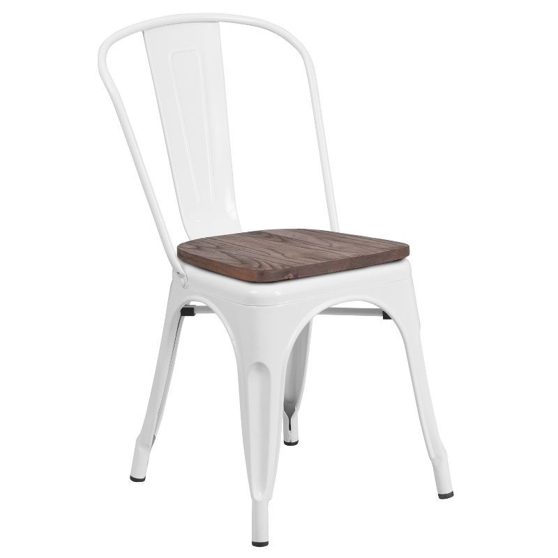 White Metal Stackable Dining Chair with Wood Seat