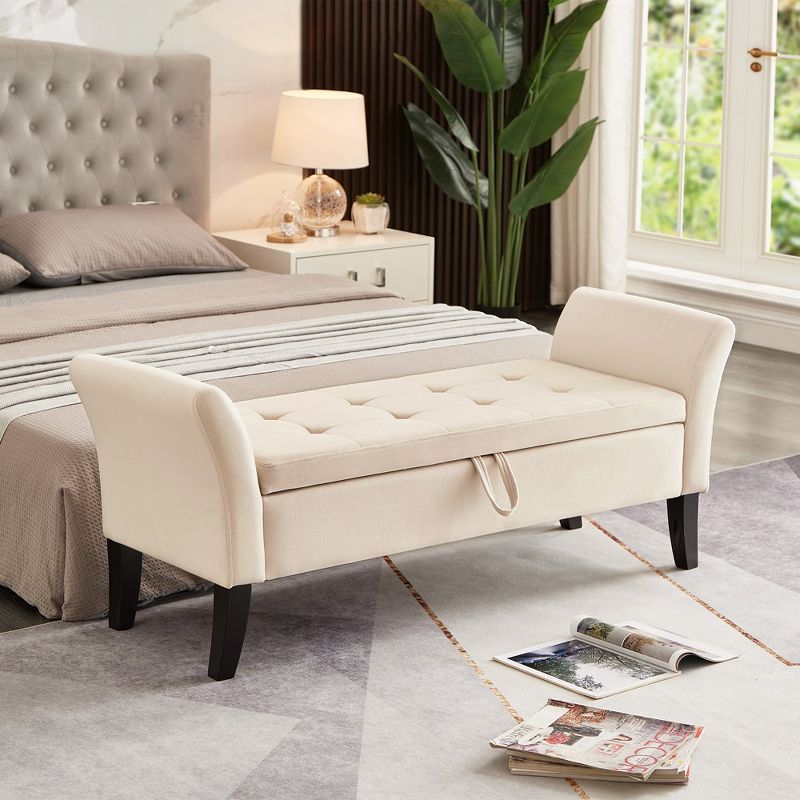 51.5'' Beige Velvet Upholstered Storage Ottoman Bench with Arms