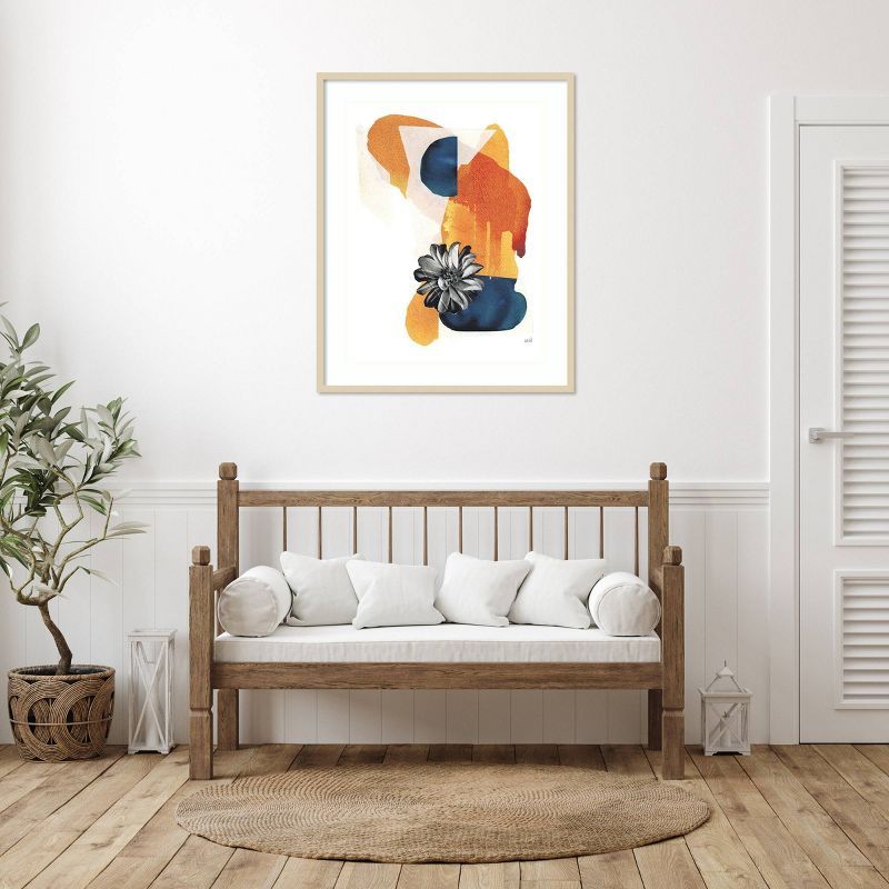 Large Abstract Botanical Lithograph with Brown Frame