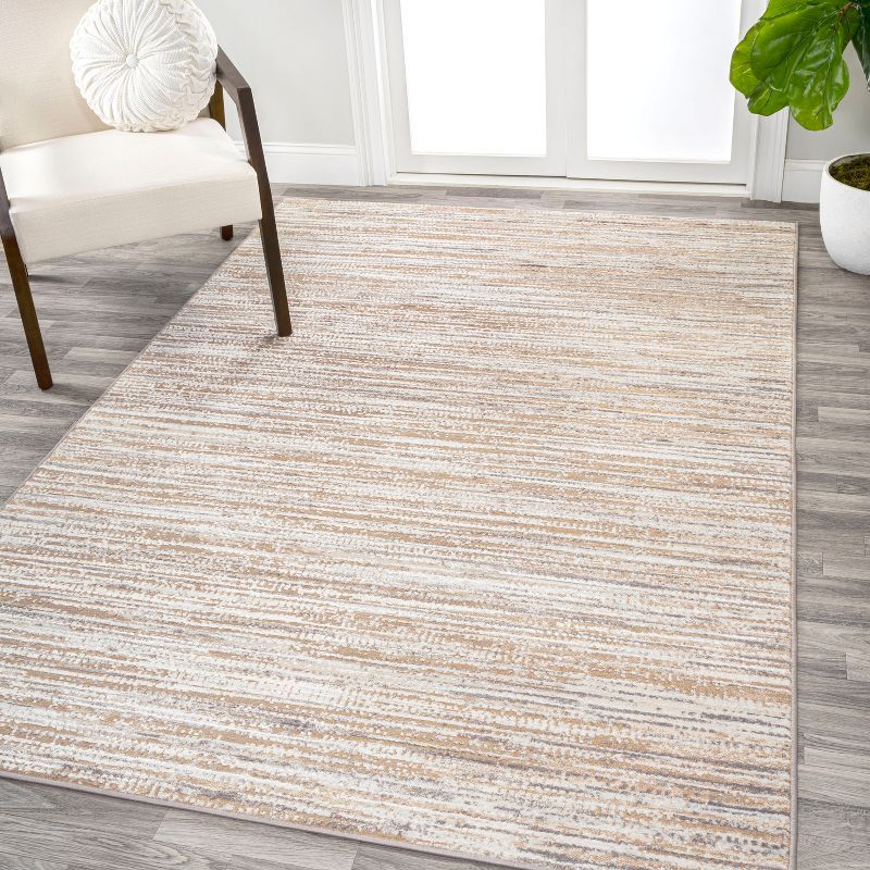 Beige and Gray Striped Synthetic Reversible Area Rug