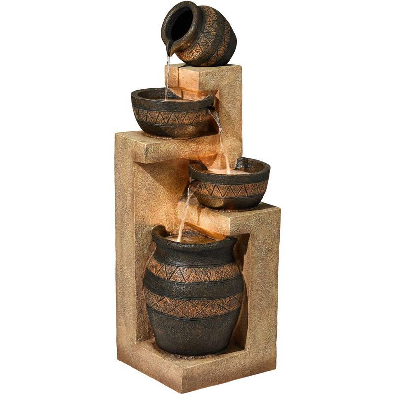 Rustic Stoneware Bowl and Jar Cascading Floor Fountain with LED Light