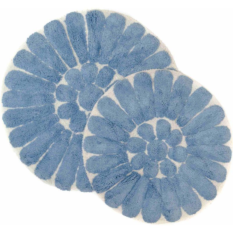 Off-White and Blue Cotton Floral Bath Rug Set