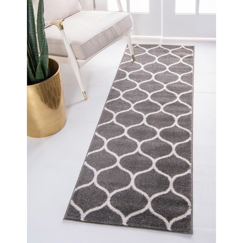 Modern Dark Gray and Ivory Synthetic Trellis Runner Rug