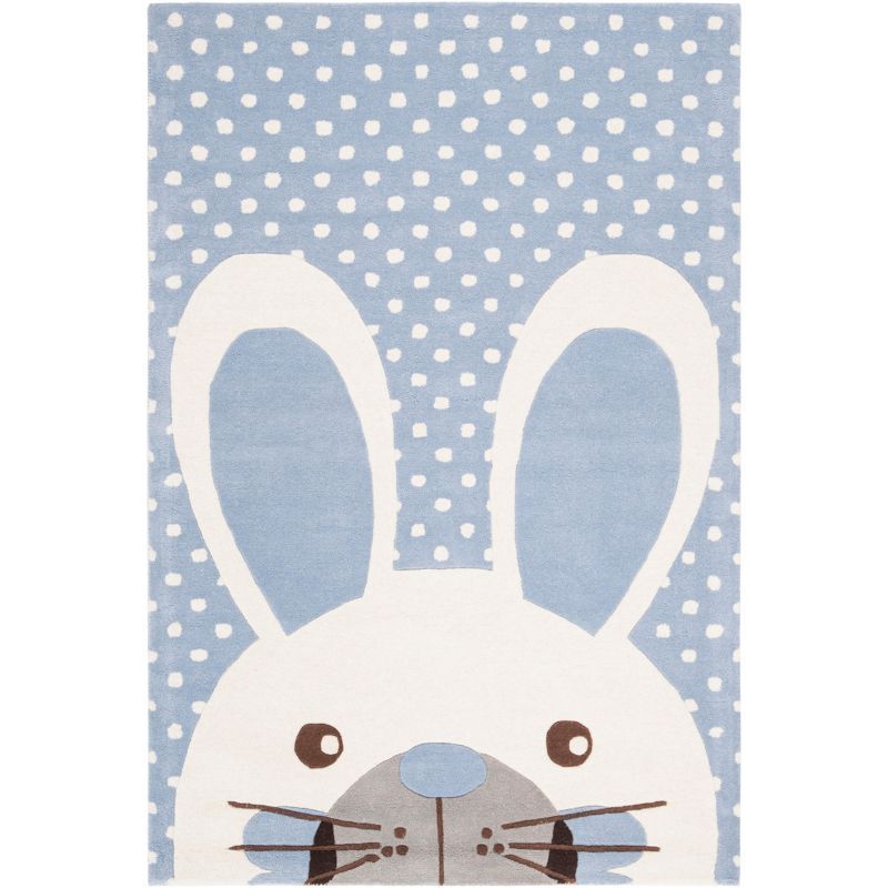 Blue and Ivory Tufted Wool Kids Bunny Rug, 4' x 6'