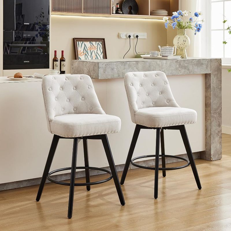 Set of 2 Linen Beige Swivel Bar Stools with Wood Legs