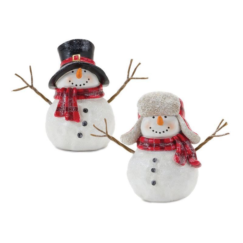 Classic Red and White Winter Snowman Resin Figurine Set