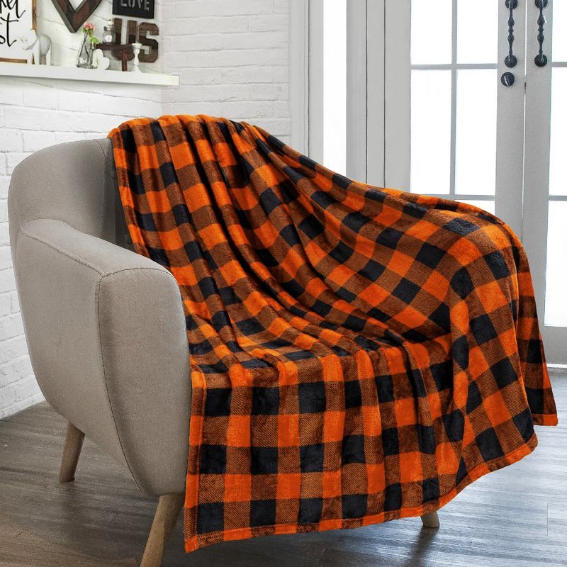 Orange and Black Buffalo Plaid Fleece Throw Blanket