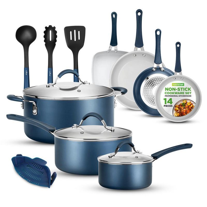 NutriChef 14-Piece Navy Blue Non-Stick Aluminum Cookware Set