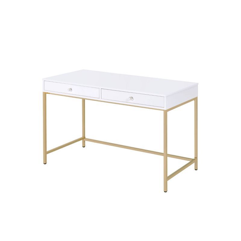 Contemporary White High Gloss 52" Office Desk with Gold Accents