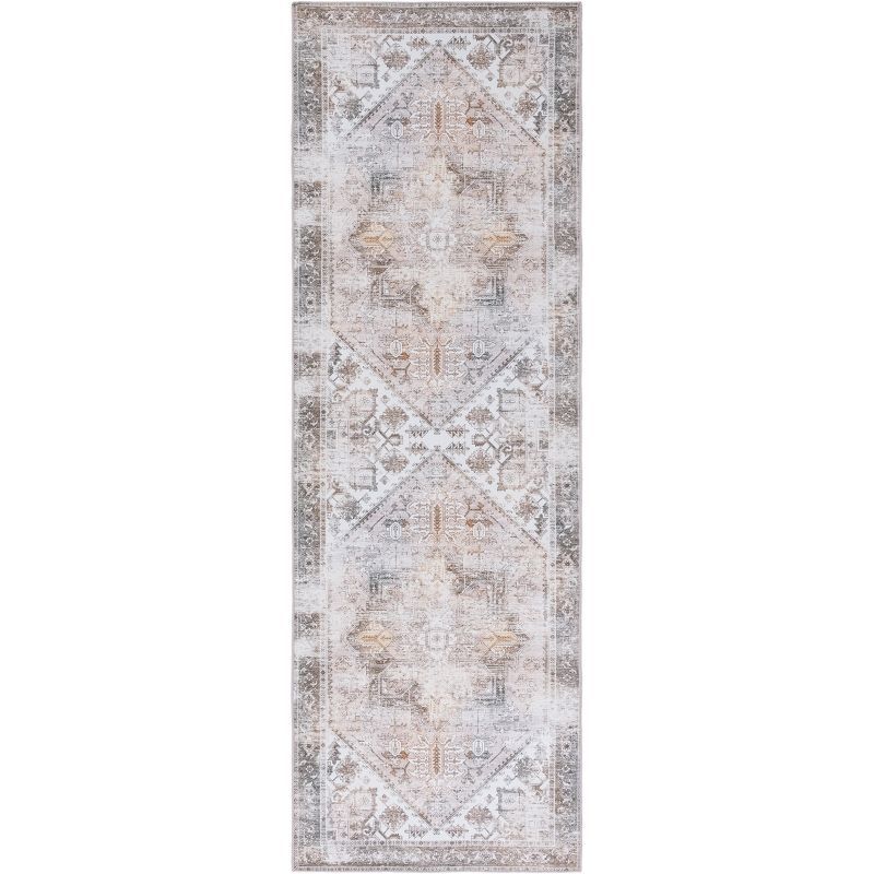 Beige and Grey Machine Washable Synthetic Runner Rug