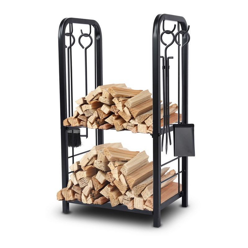 Black Steel Heavy Duty Firewood Rack with Toolset