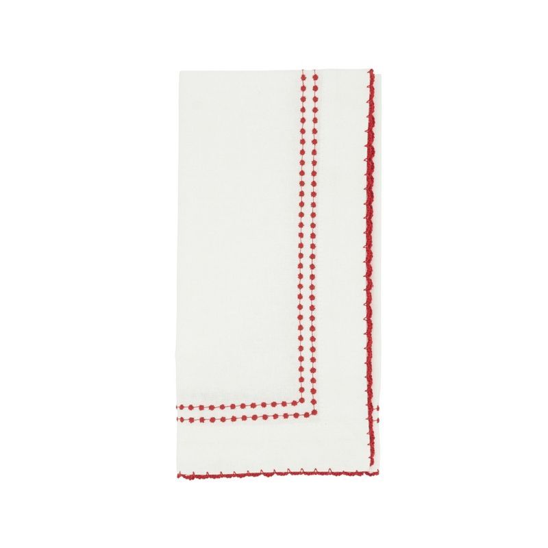 White Cotton Table Napkins with Red Embroidered Borders, Set of 4