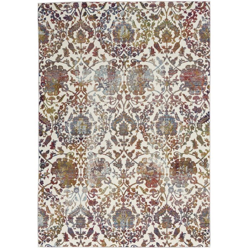 White and Multicolor Floral Synthetic 2' x 4' Area Rug
